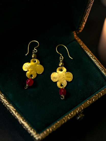 Red Dot Small Flower Brass Dangler Earrings
