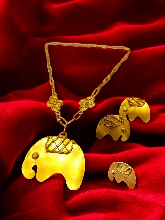 Baby Elephant Brass Necklace Jewelry Set (Necklace, Earrings, Ring)