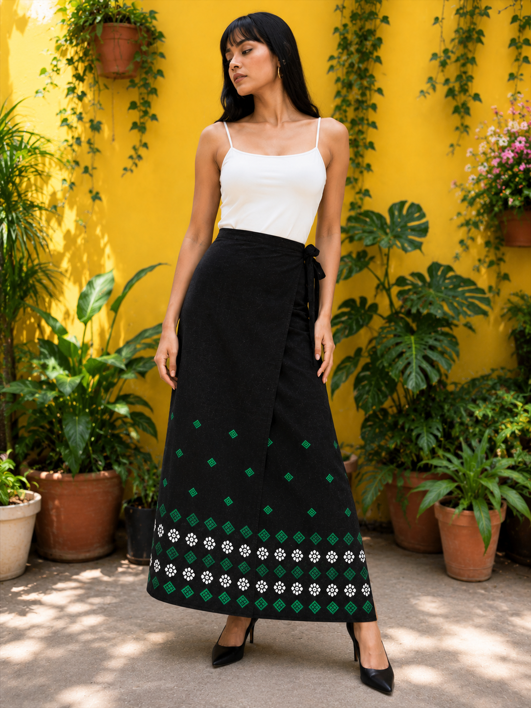 Naobi Assamese Cotton Wrap Skirt - Black Green
