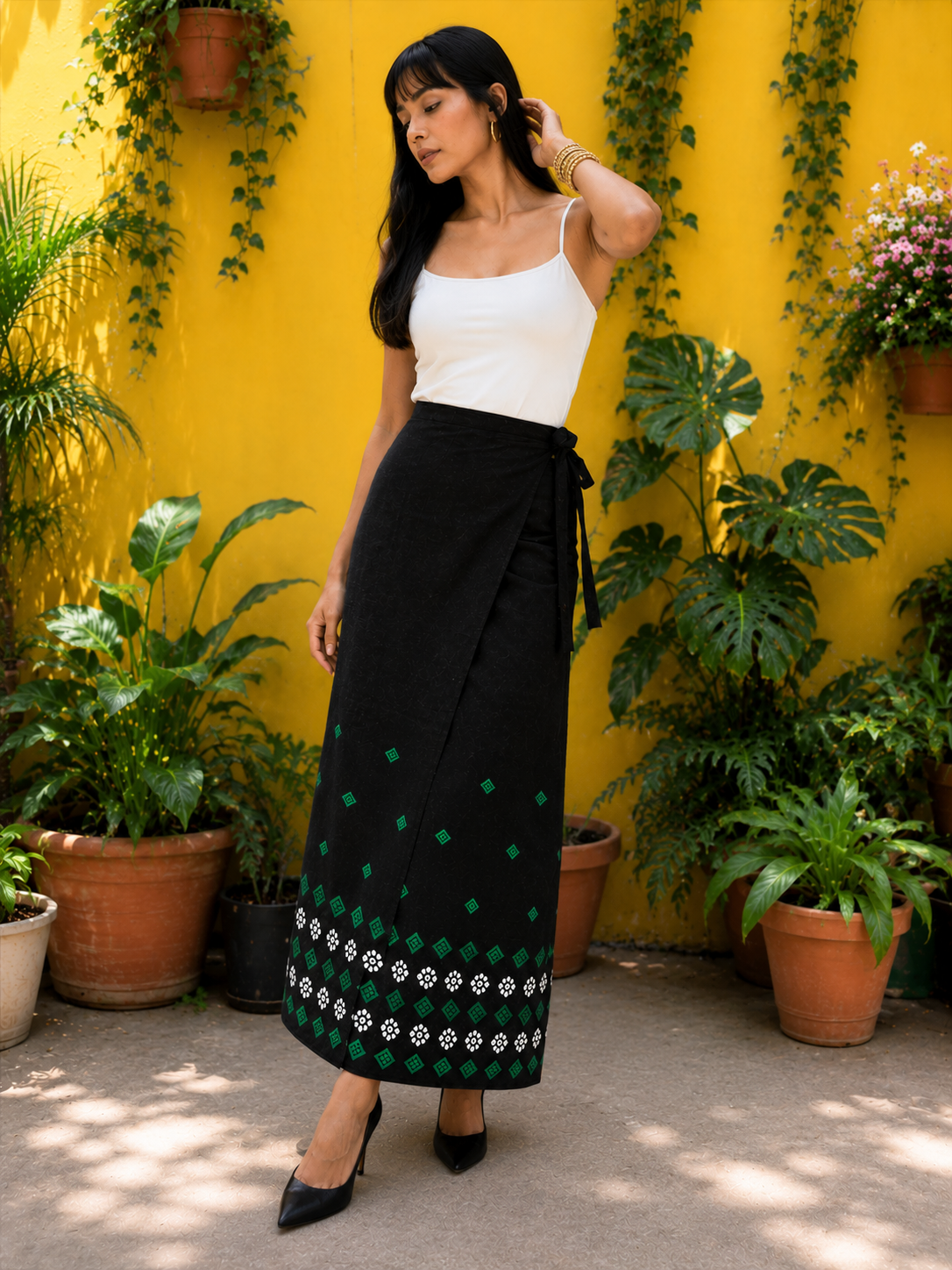 Naobi Assamese Cotton Wrap Skirt - Black Green