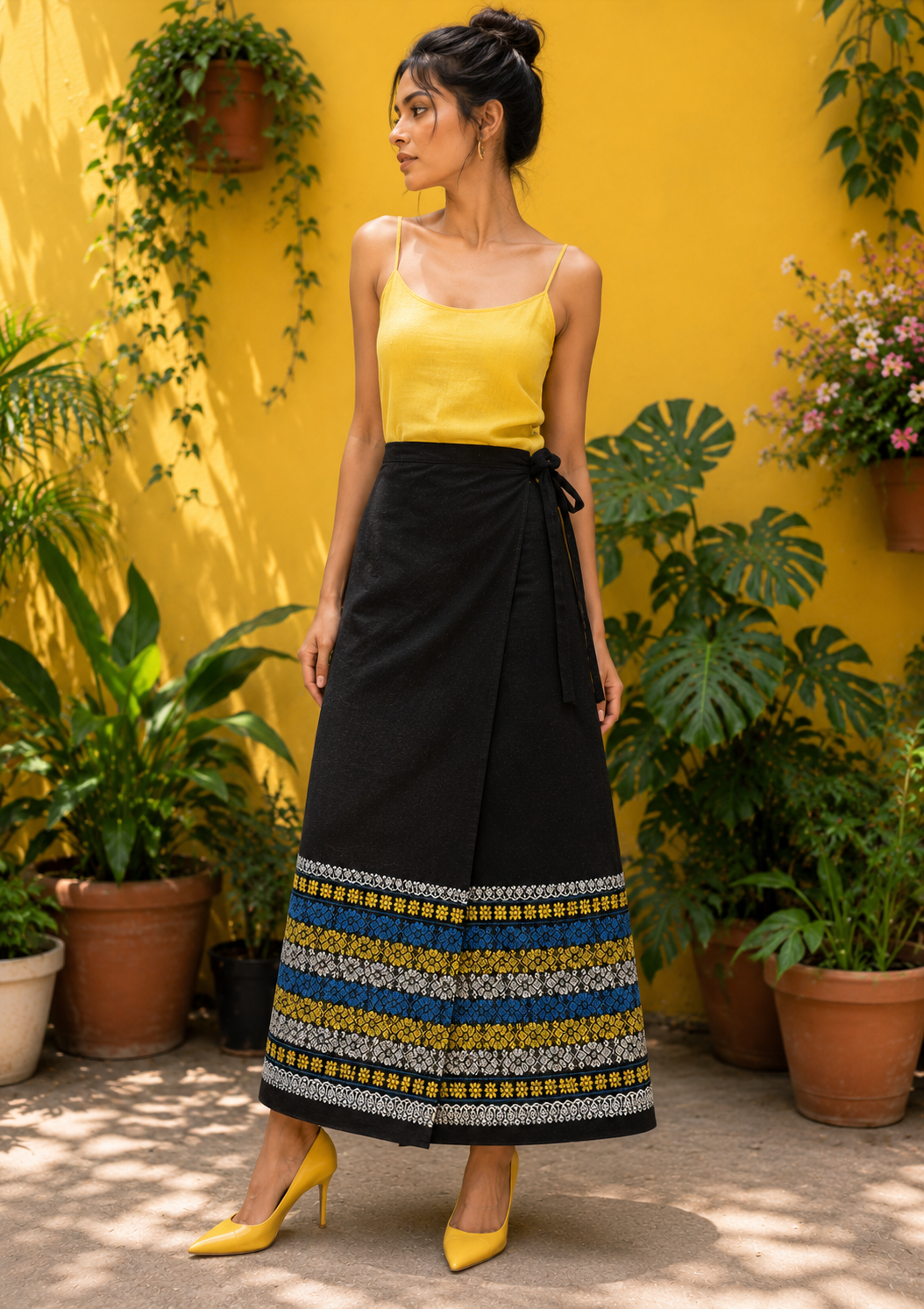 Naobi Assamese Cotton Wrap Skirt - Black Yellow