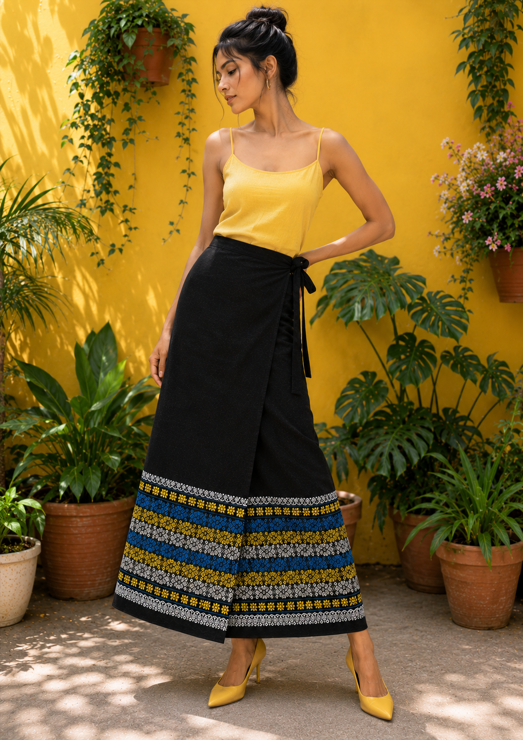Naobi Assamese Cotton Wrap Skirt - Black Yellow