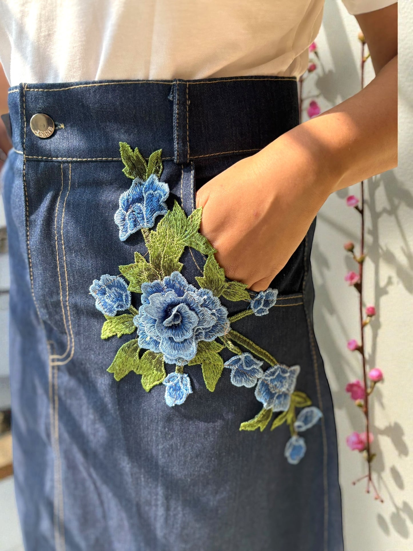 Eve Embroidered Applique Denim Long Skirt - Blue