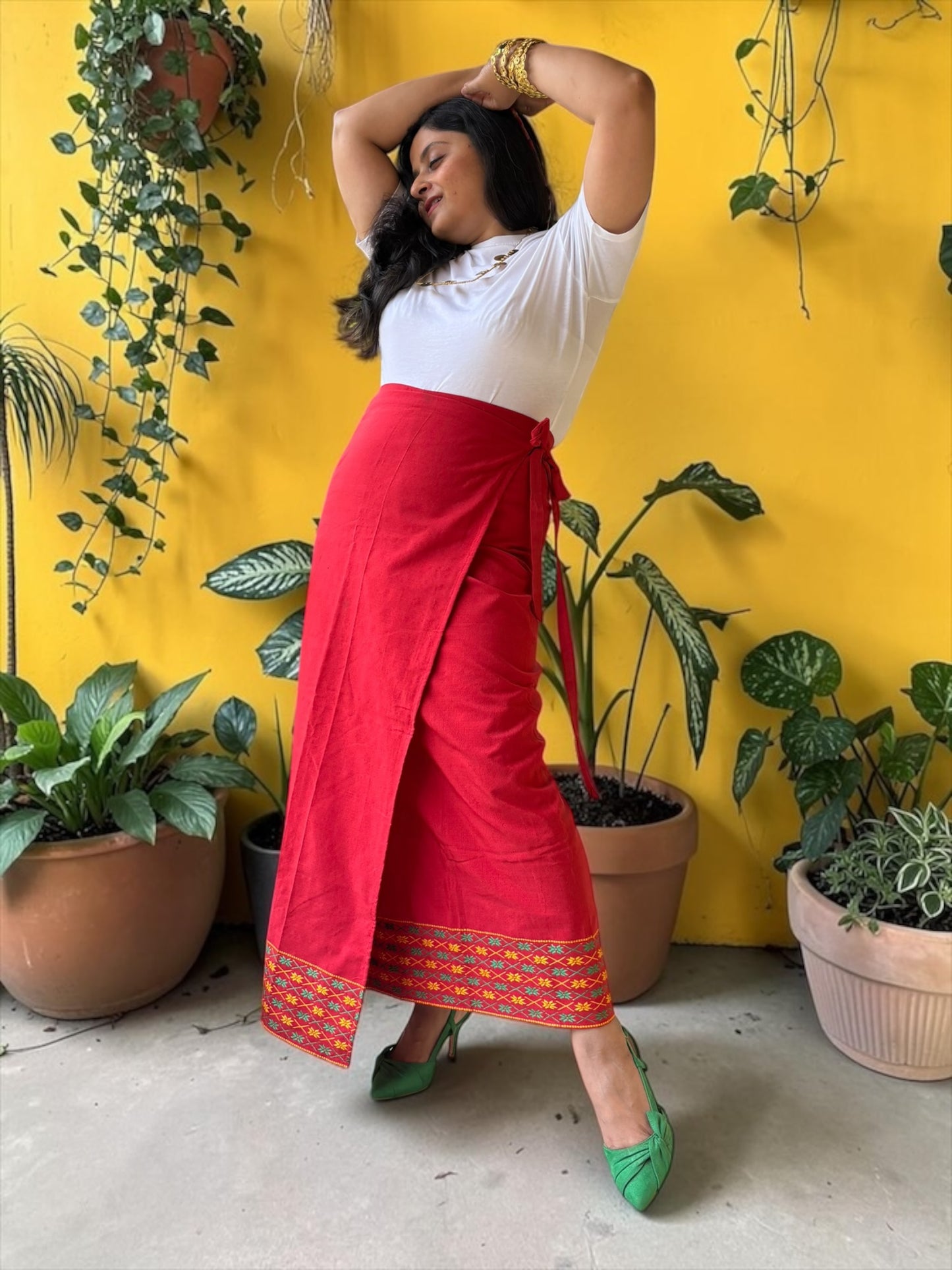 Naobi Assamese Cotton Wrap Skirt - Red