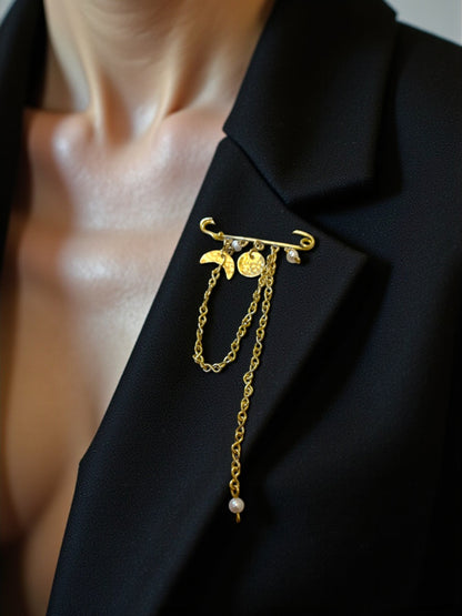 Moon and Chains Brass Brooch