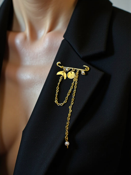 Moon and Chains Brass Brooch