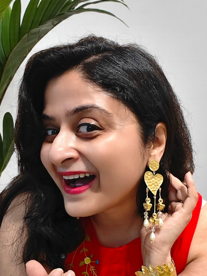 Heart Flower Brass Statement Dangler Earrings