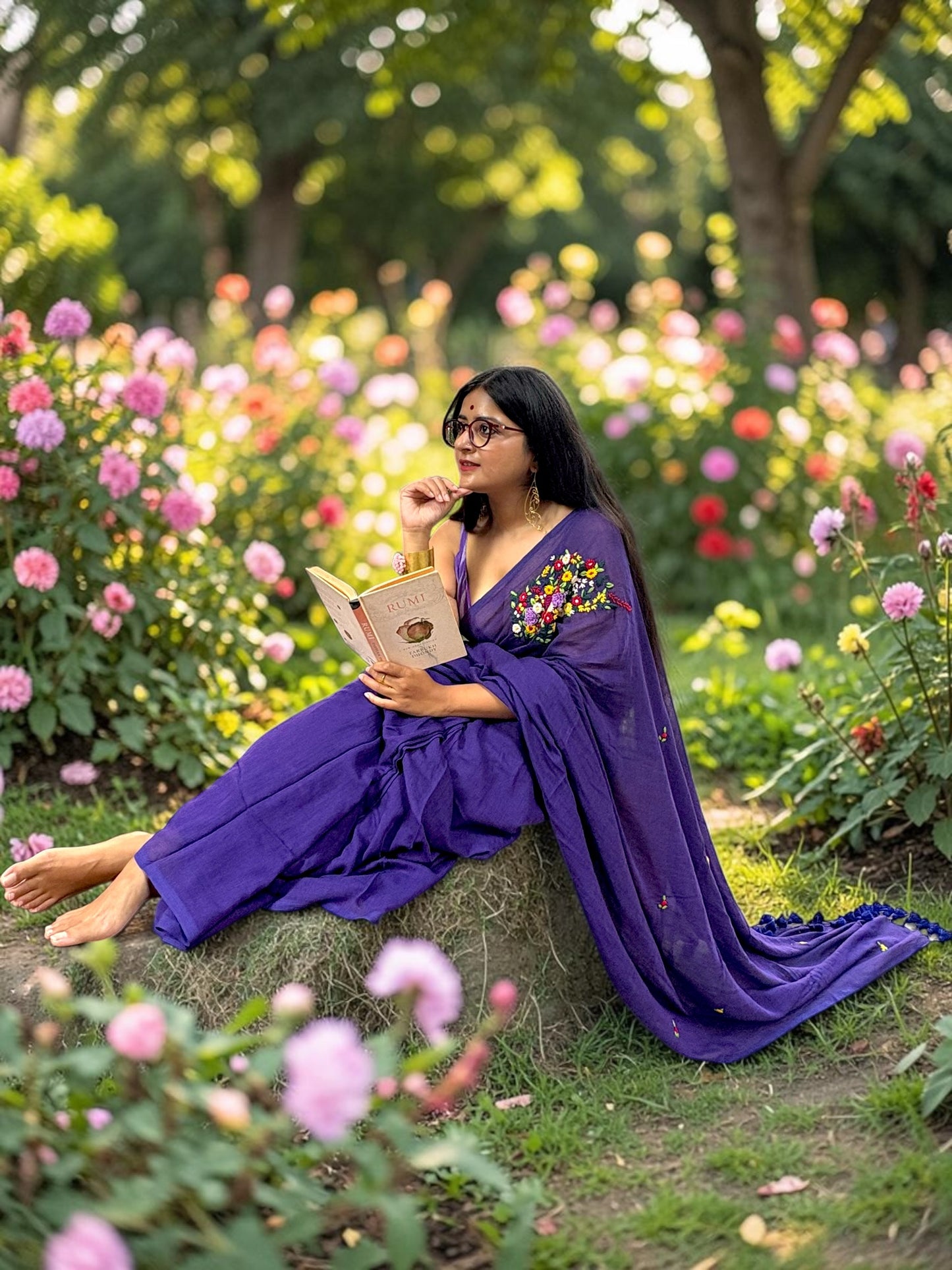 Guldasta Hand-Embroidered Handloom Saree - Purple
