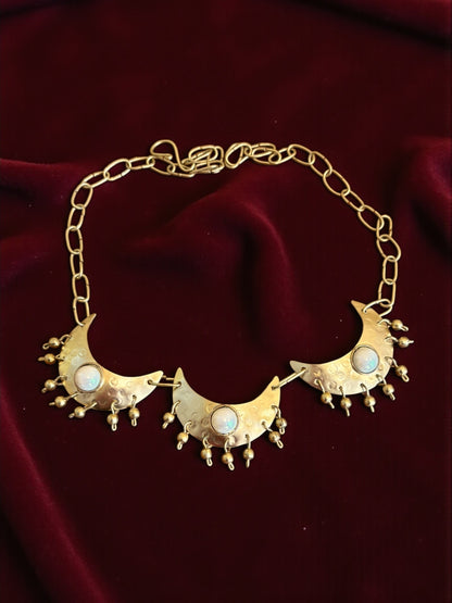 Tritiya Chandni Moon Pearl Brass Statement Necklace Set (Necklace + Earrings)