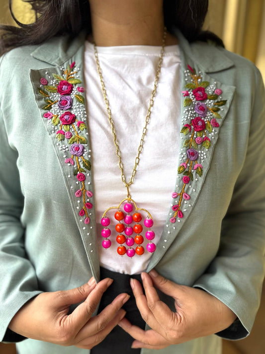 Pink Red Berries Pendant Brass Chain Necklace