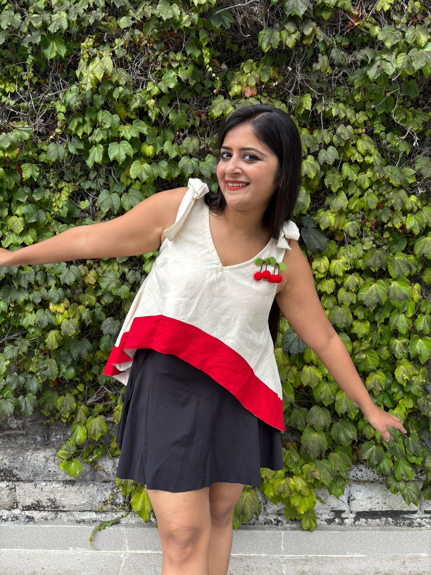 Cherry Tie-Up Asymmetric Cotton Top