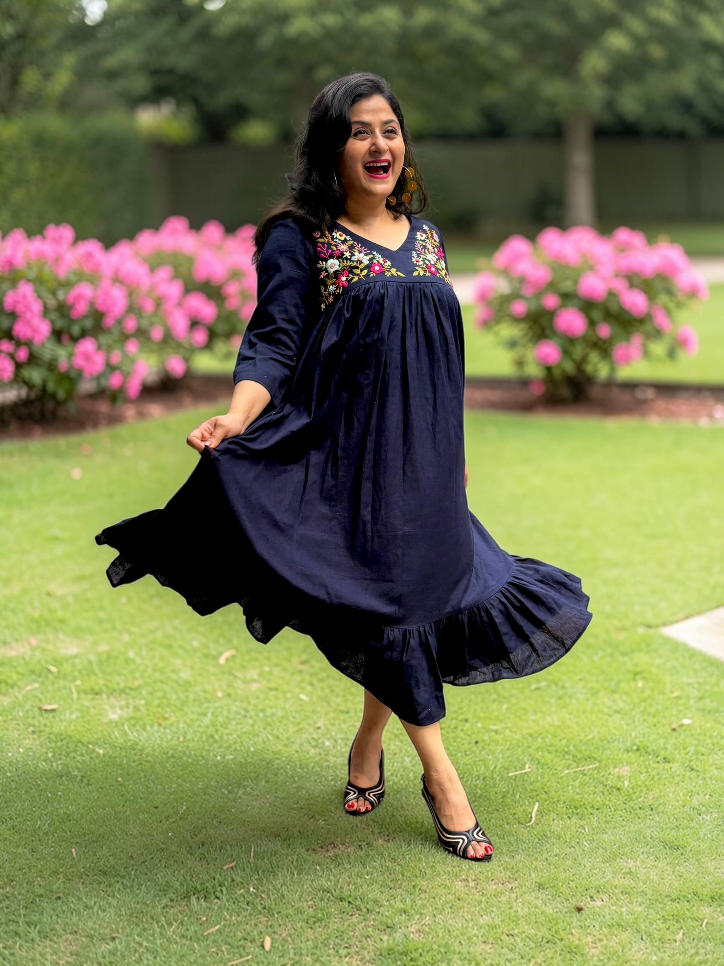 Disha Hand-Embroidered Cotton Midi Dress - Navy Blue