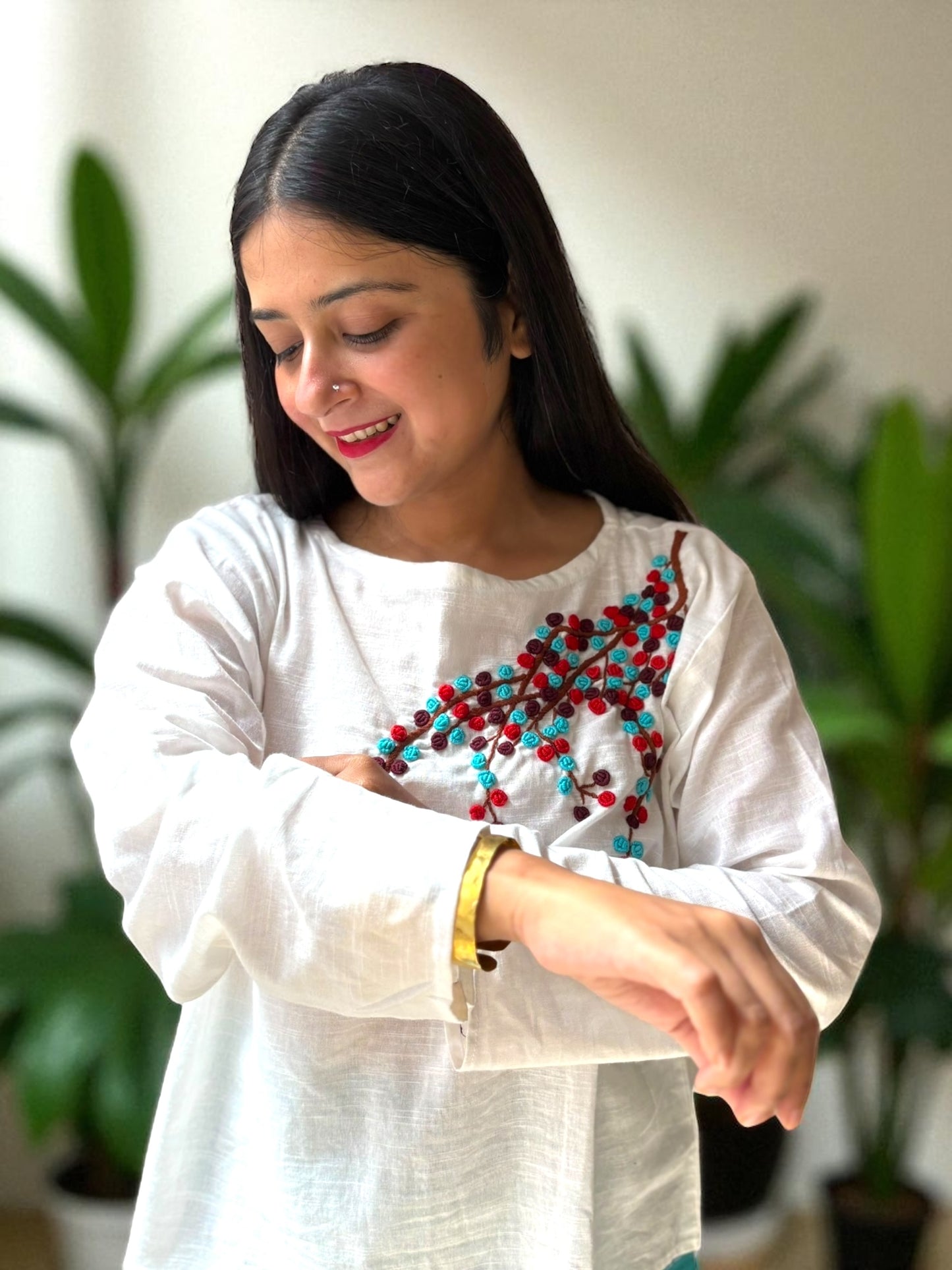 Candycrush Full Sleeved Embroidered Khadi Cotton Top - Cream