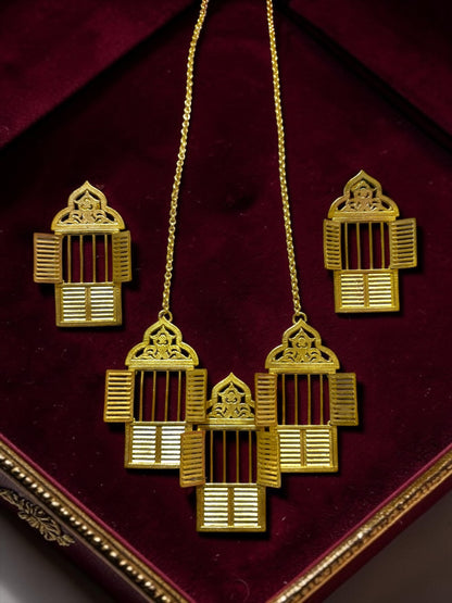 Moner Janala Premium Sculptural Brass Necklace Jewelry Set (Necklace, Earrings)