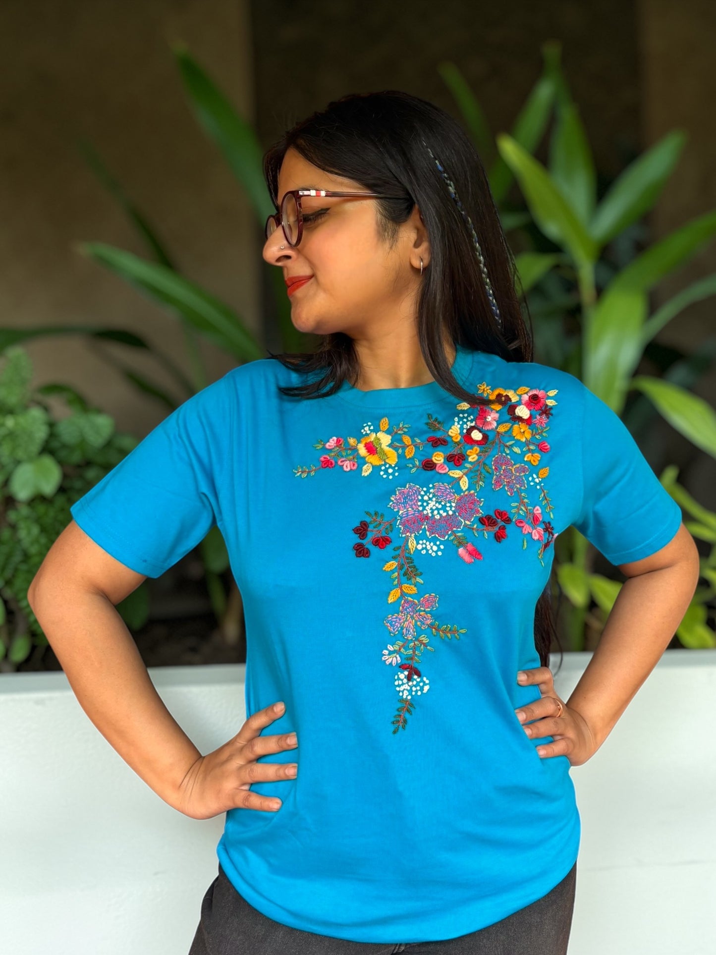 Hana Embroidered T-shirt -  Turquoise Shoulder