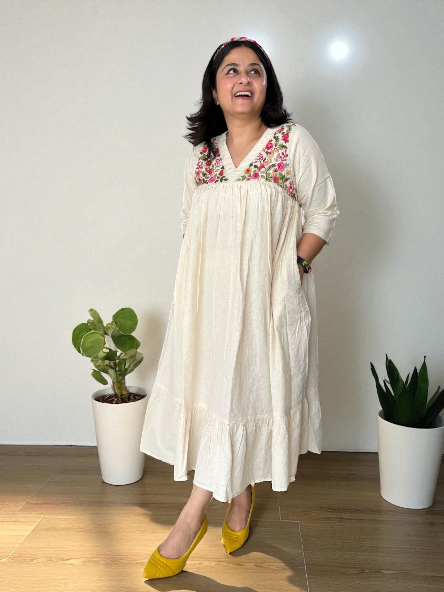 Disha Hand-Embroidered Cotton Midi Dress - Off White