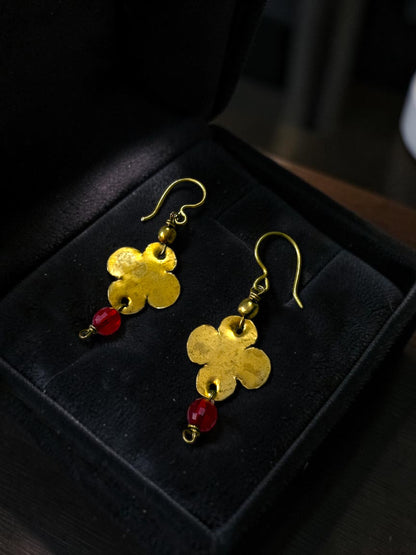 Red Dot Small Flower Brass Dangler Earrings