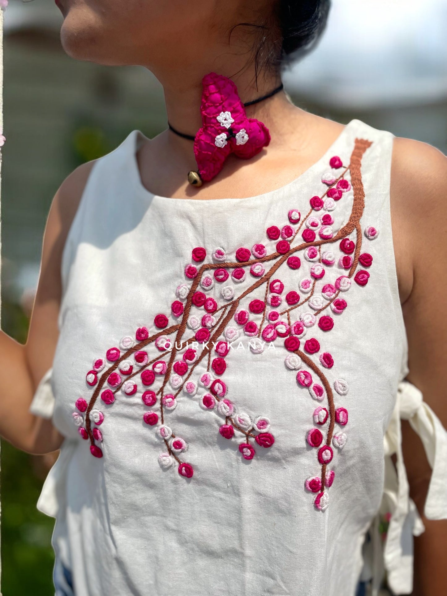 Cherry Blossom Embroidered Tie-up Top - White