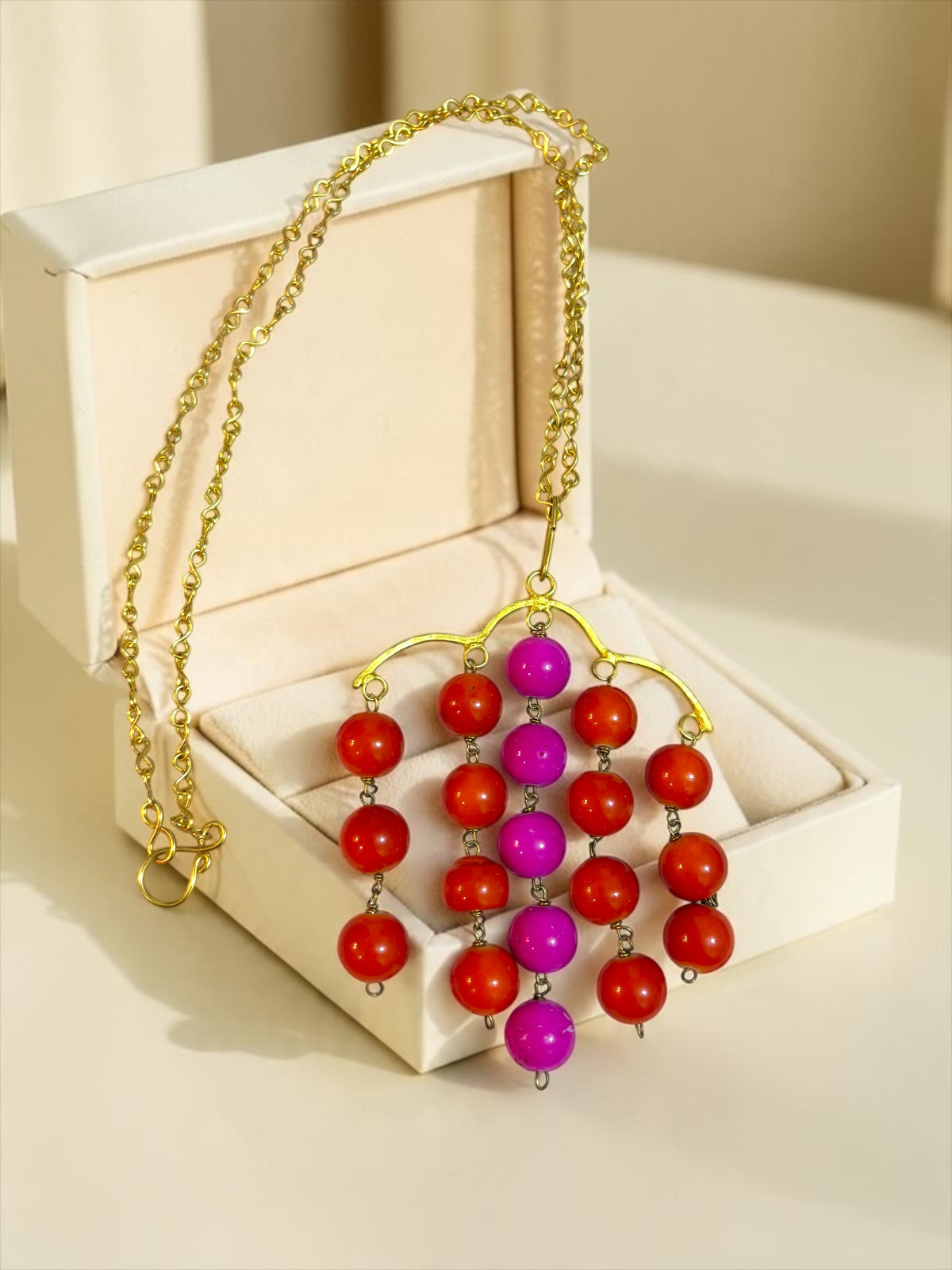 Pink Red Berries Pendant Brass Chain Necklace