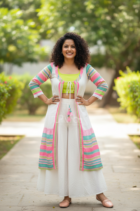 Cherry Blossom Dhanekhali Cotton Long Jacket - White