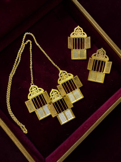 Moner Janala Premium Sculptural Brass Necklace Jewelry Set (Necklace, Earrings)