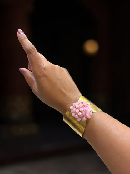 Flower Bouquet Cuff Crystal and Brass Bracelet - Light Pink