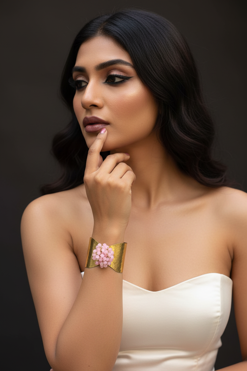 Flower Bouquet Cuff Crystal and Brass Bracelet - Light Pink