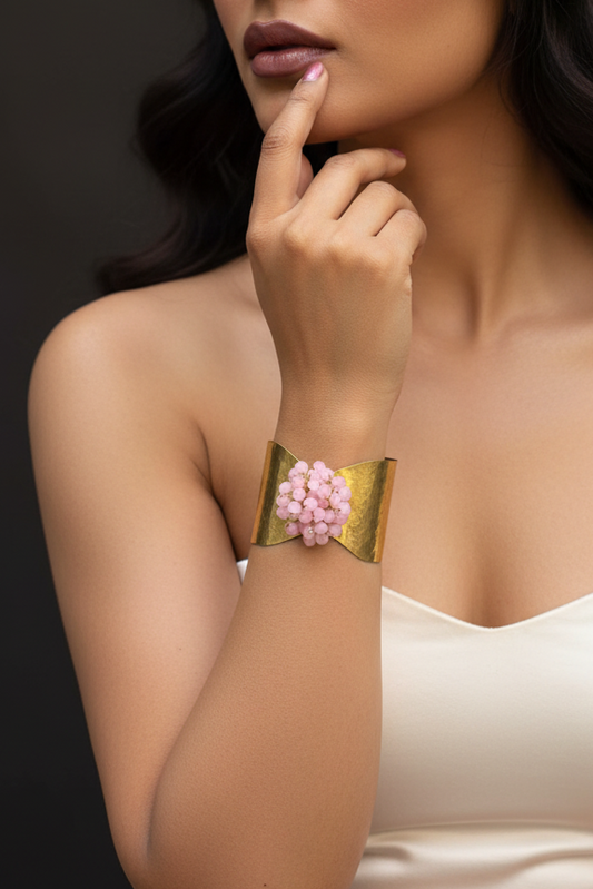 Flower Bouquet Cuff Crystal and Brass Bracelet - Light Pink