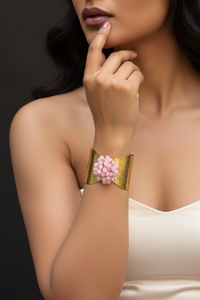 Flower Bouquet Cuff Crystal and Brass Bracelet - Light Pink