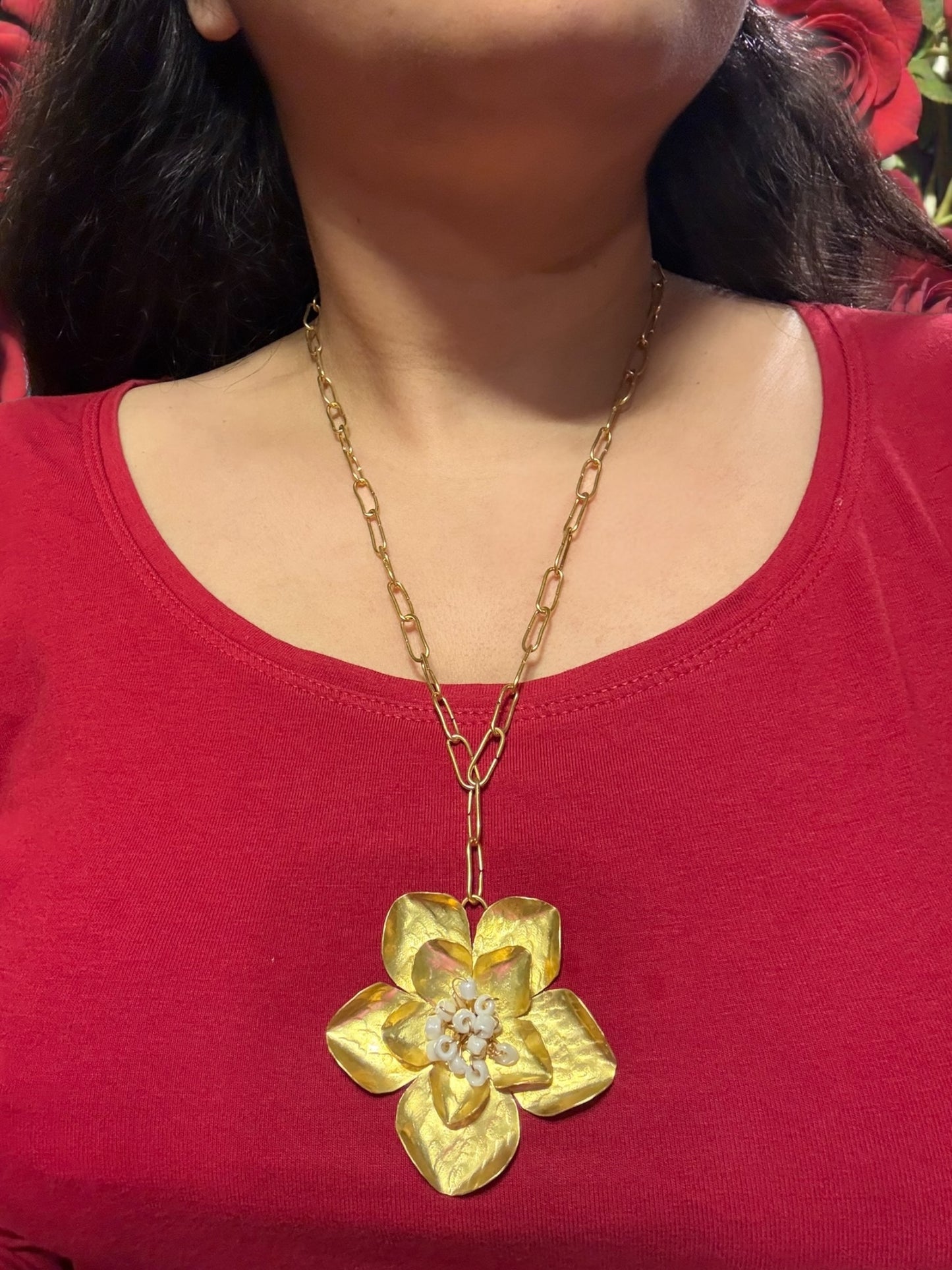 Spring Flower Brass Pendant Chain Necklace