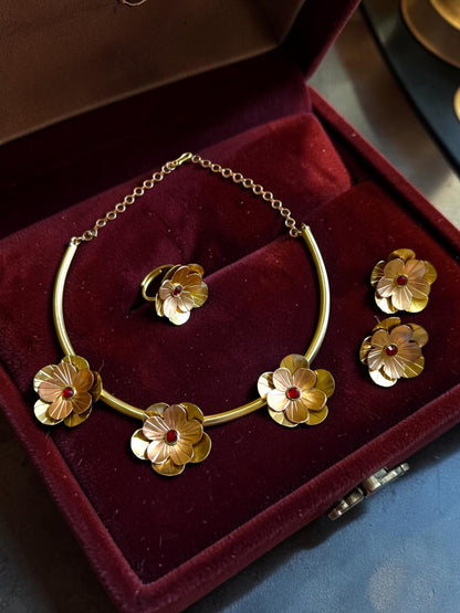 Fleurs Brass Hasli Necklace Jewelry Set (Ear Studs,Necklace,Ring) - Red