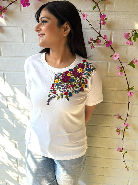 Hana Embroidered T-shirt - White Shoulder