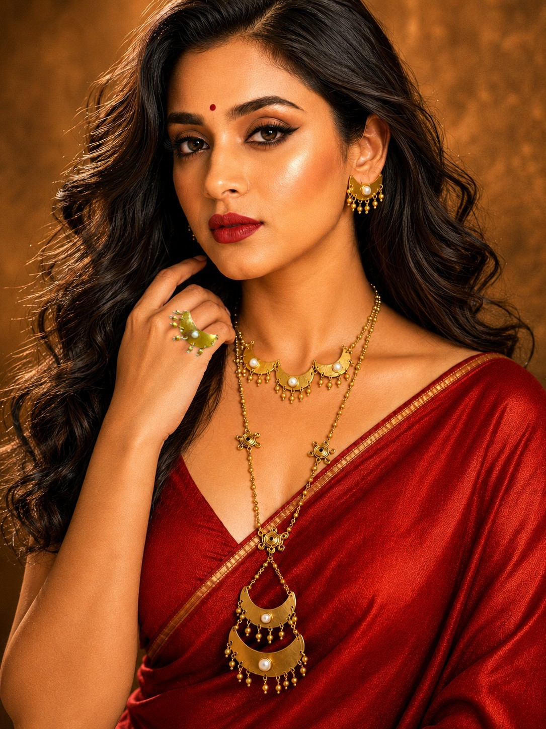 Chandni Brass Necklace Jewelry Set (2 Necklaces + 1 Earrings + 1 Ring)