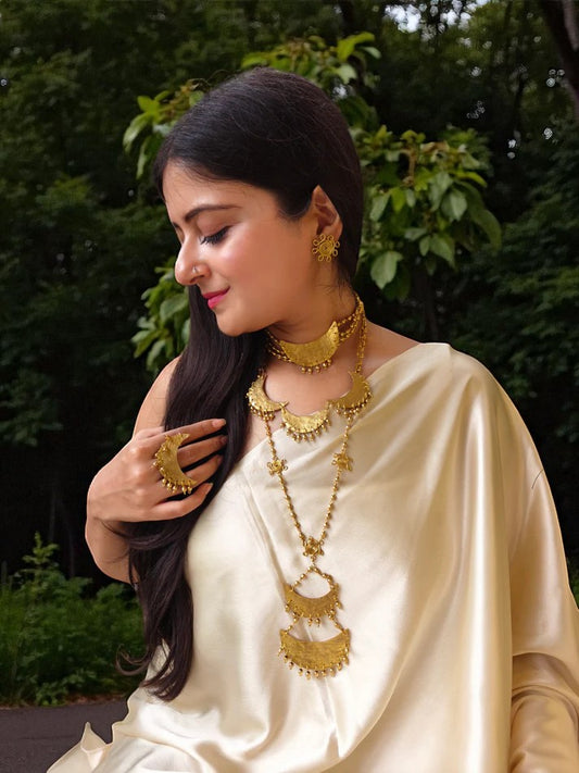Chandni Full Moon Brass Necklace Jewelry Set (3 Necklaces + 1 Earrings)
