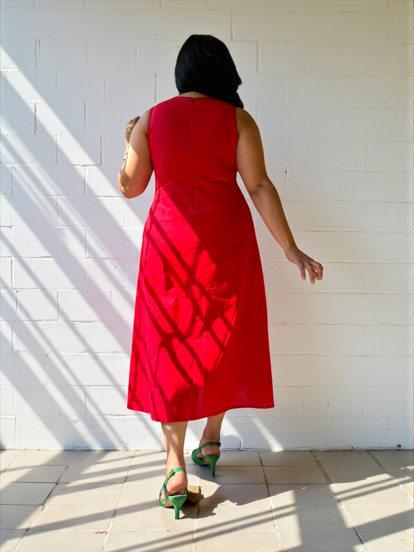Ishani Hand-Embroidered Cotton Midi Dress - Red