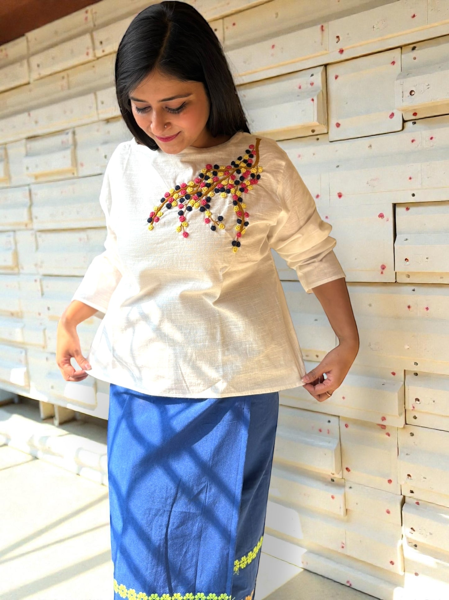 Candycrush Full Sleeved Embroidered Cotton Top - Yellow Peach