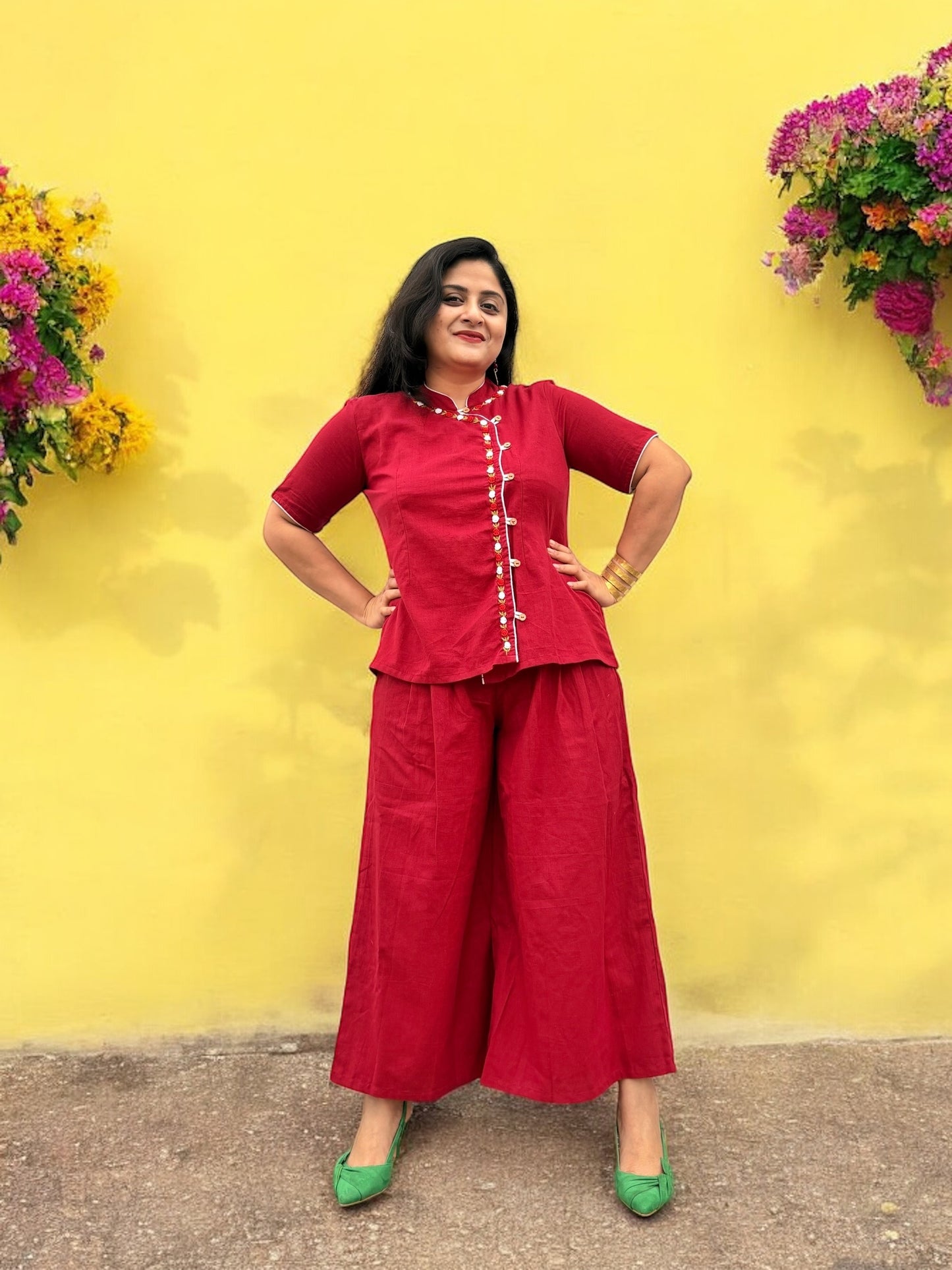 Leishi Embroidered Cotton Cheongsam Top & Trousers Coord Set