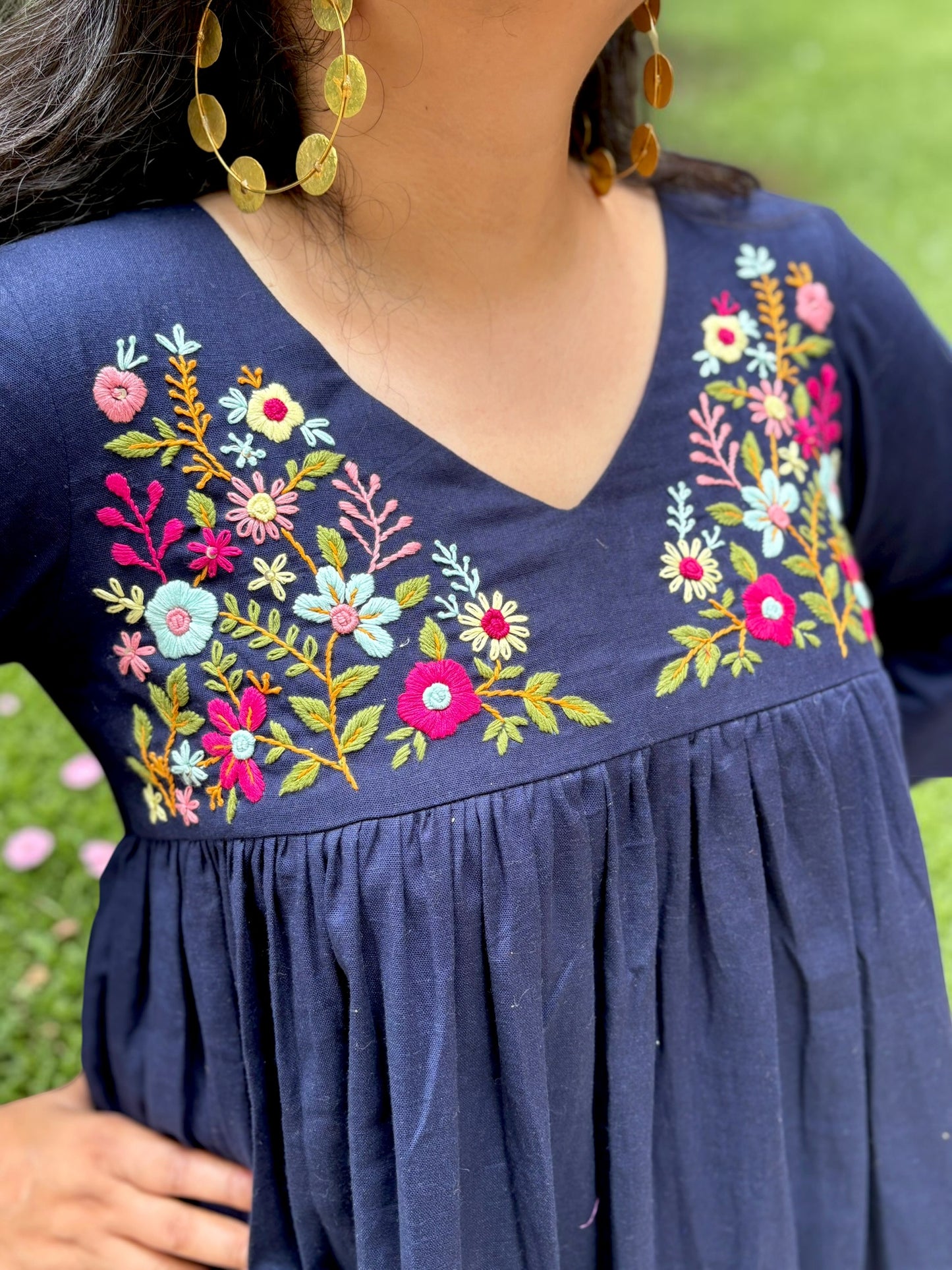 Disha Hand-Embroidered Cotton Midi Dress - Navy Blue