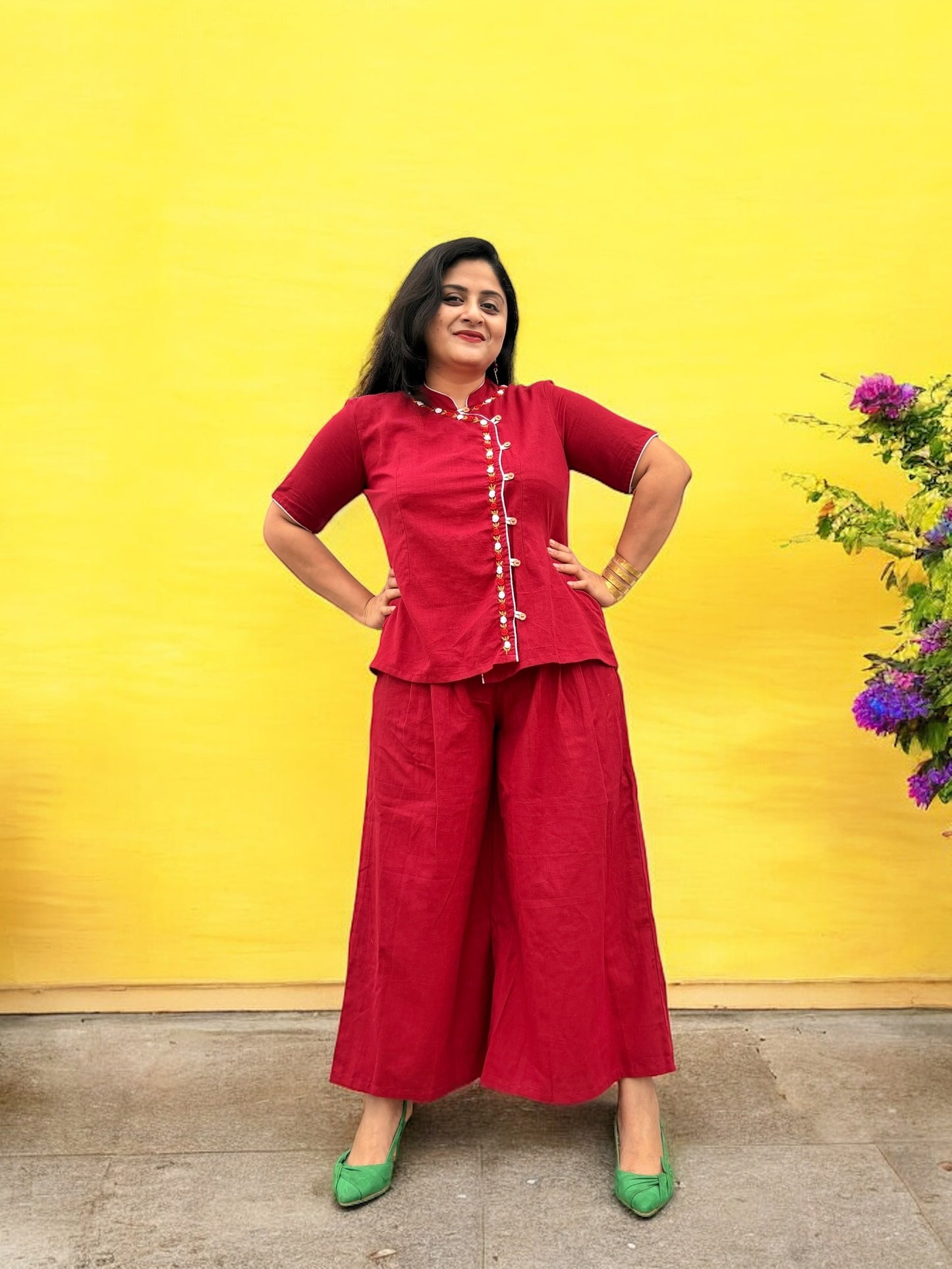 Leishi Embroidered Cotton Cheongsam Top & Trousers Coord Set