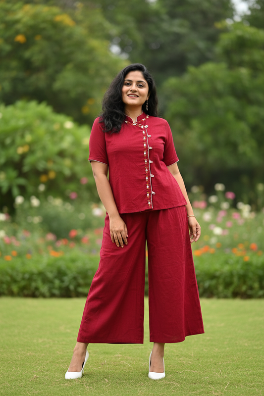 Leishi Embroidered Cotton Cheongsam Top & Trousers Coord Set