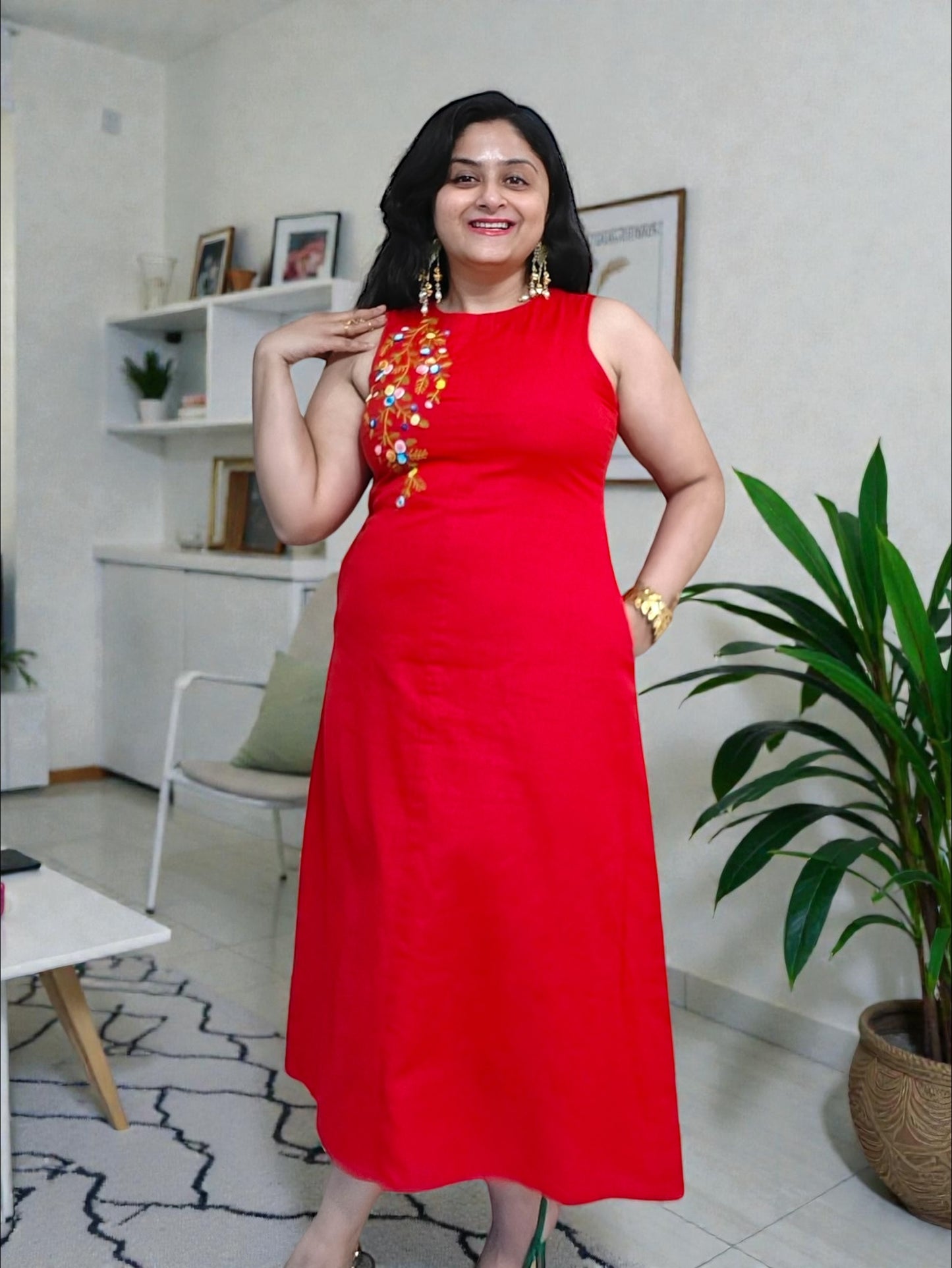 Ishani Hand-Embroidered Cotton Midi Dress - Red