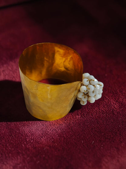 Flower Bouquet Cuff Crystal and Brass Bracelet - White