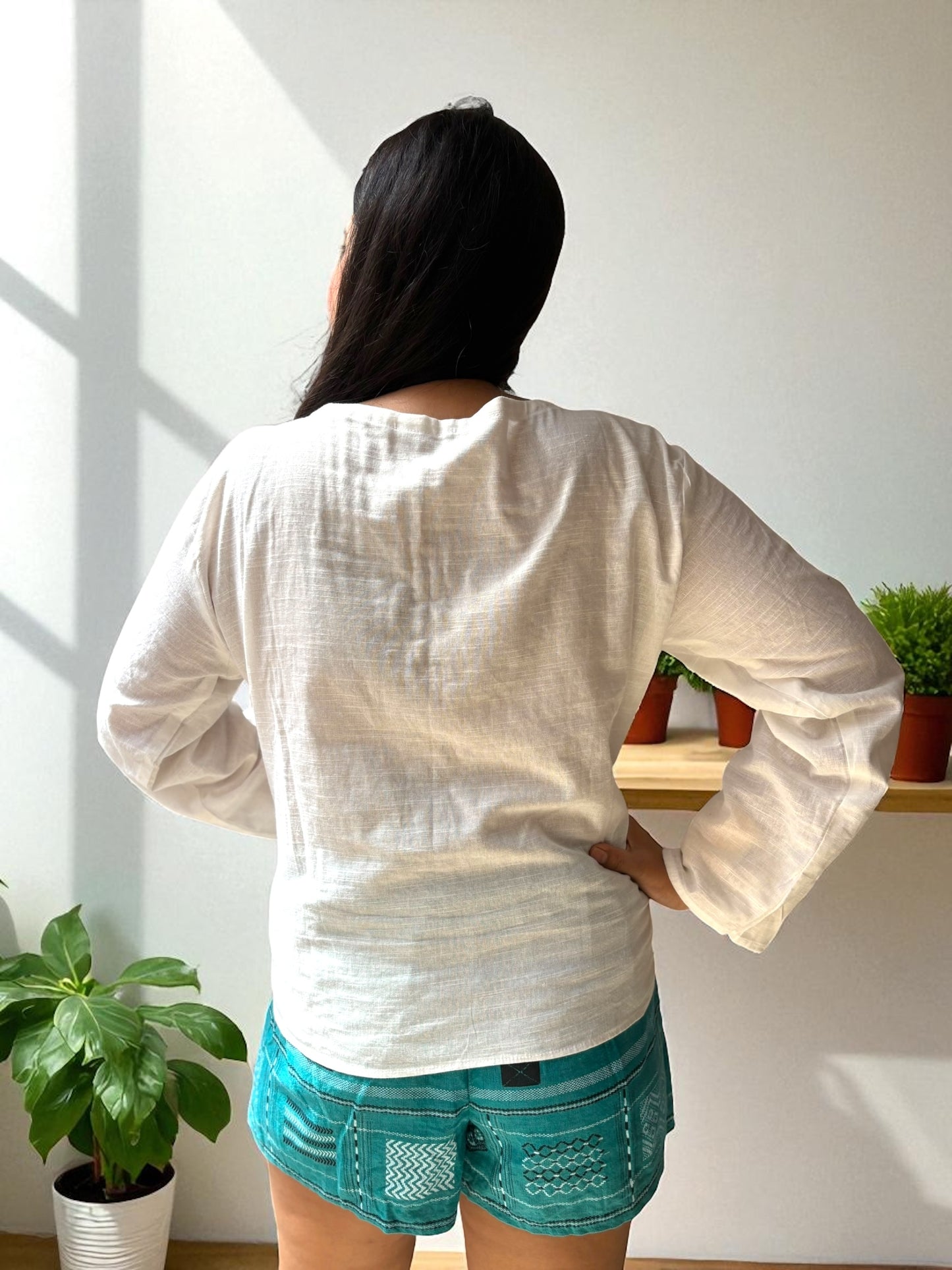 Candycrush Full Sleeved Embroidered Khadi Cotton Top - Cream