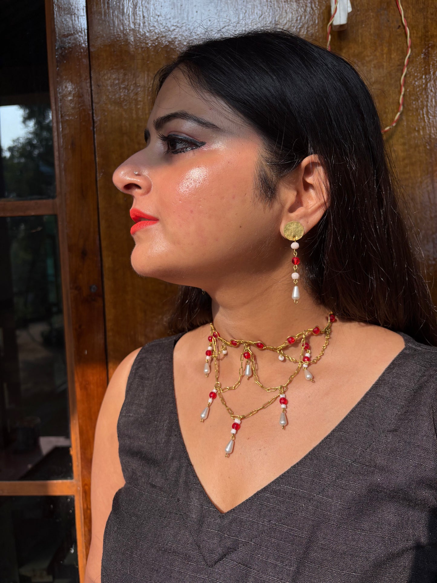 Queen Charlotte Beaded Chain Layered Brass Necklace Jewelry Set (Necklace + Earrings) - Red