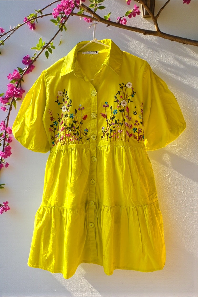 Bloom Hand-Embroidered Cotton Shirt Dress - Yellow