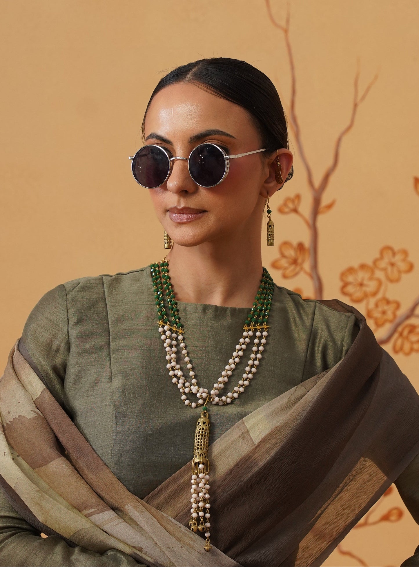 Rani Sahiba White and Green Dokra and Crystal Chandelier Brass Necklace Jewelry Set (Necklace, Earrings)