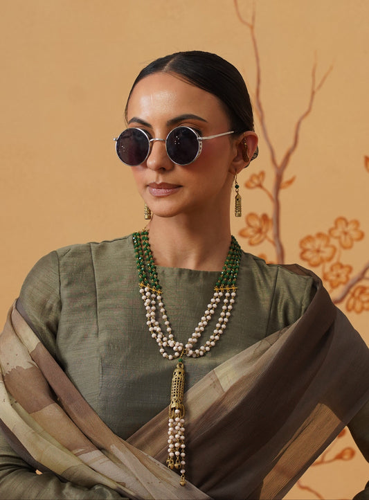 Rani Sahiba White and Green Dokra and Crystal Chandelier Brass Necklace Jewelry Set (Necklace, Earrings)