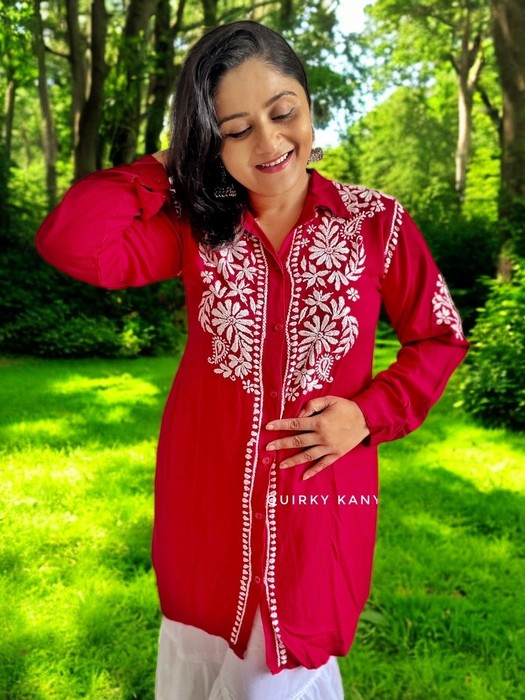 Dahlia Chikankari Rayon Shirt- Red