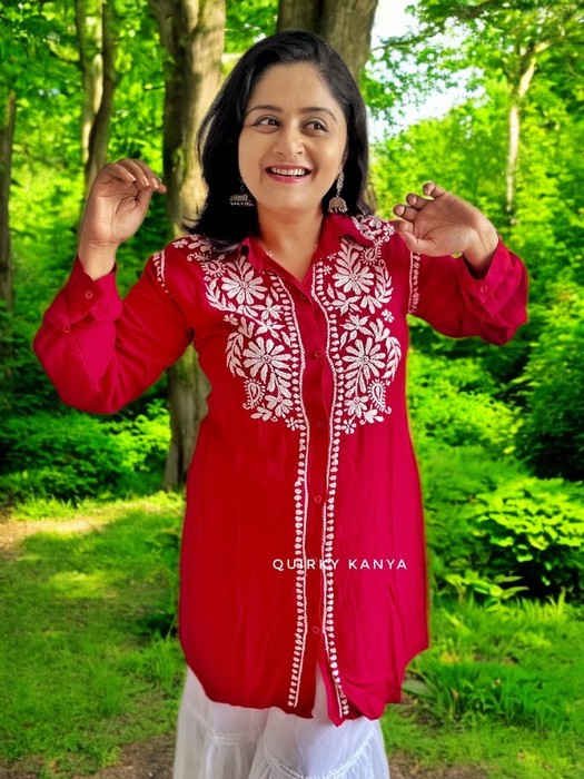 Dahlia Chikankari Rayon Shirt- Red