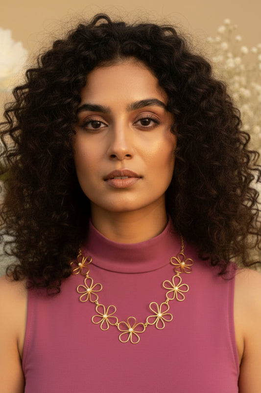 Dainty Flower Pearl Brass Choker Necklace